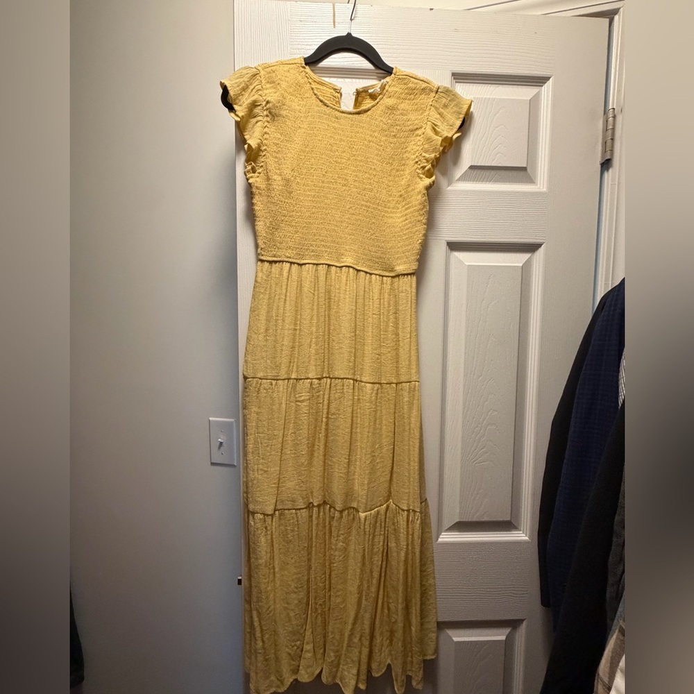 Blu Pepper Sunny Yellow Tiered Maxi Dress with Ruffle Cap Sleeves